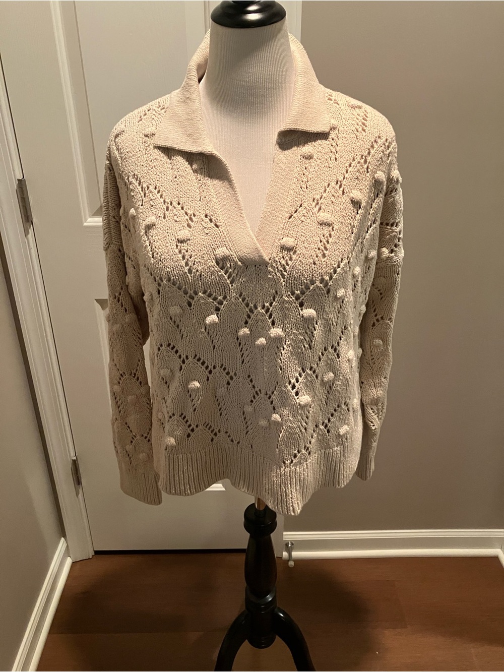 Lands' End Cream V‑Neck Open‑Knit Popcorn Sweater
